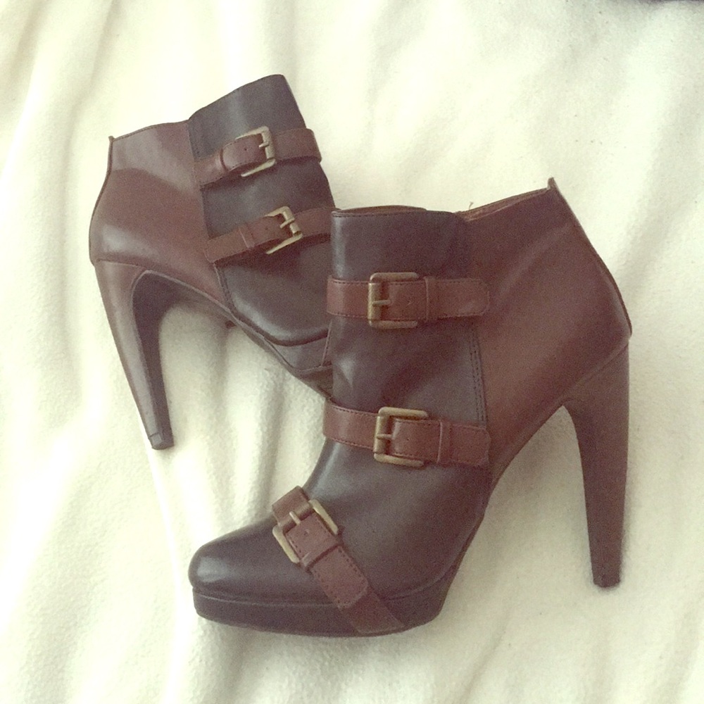 Brown black buckle heels